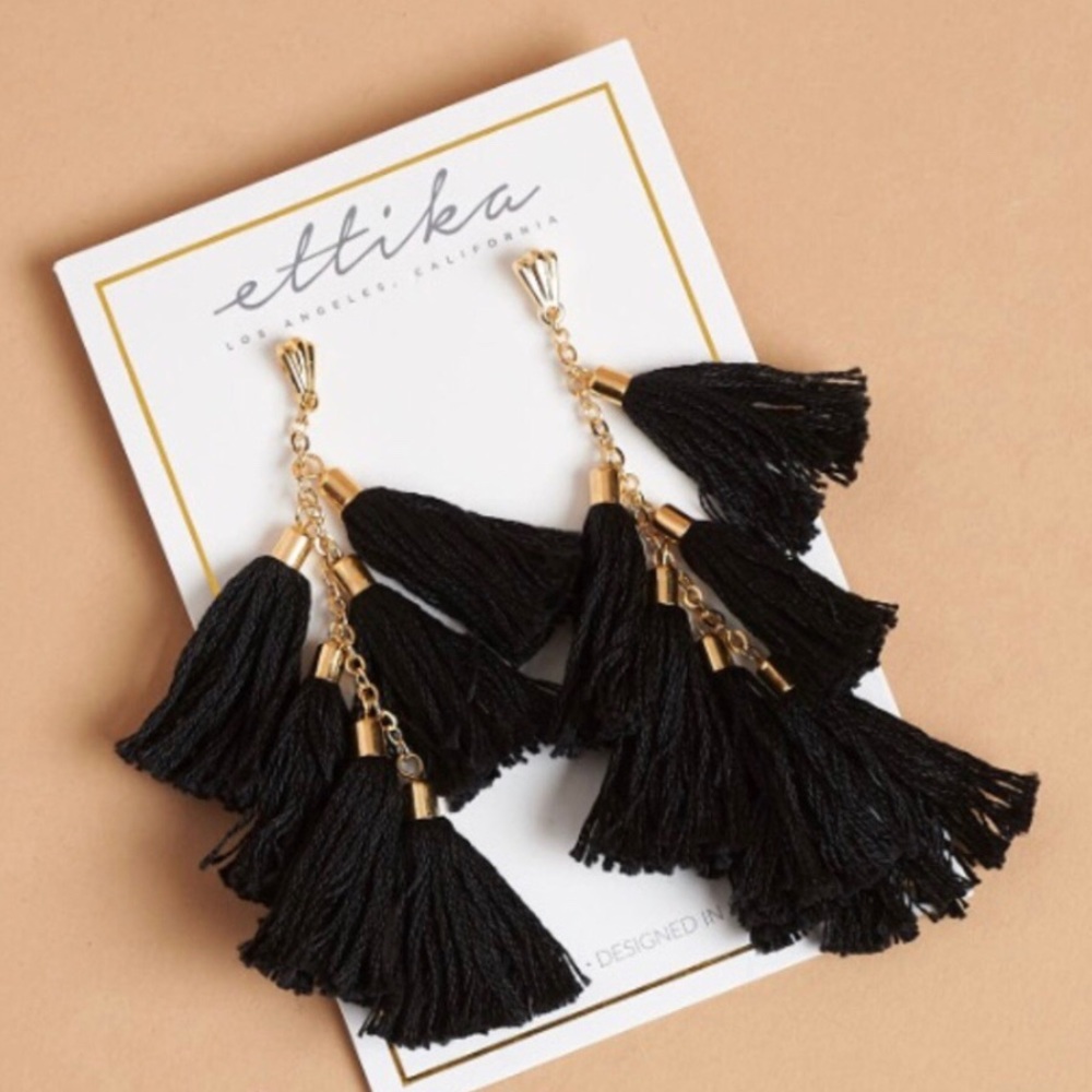 Ettika Daydreamer Tassel Black & Gold Earrings-NEW
